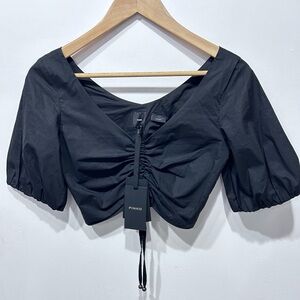 Pinko Black Venezia Crop Top Ruched Front V-Neck, Short Puff Sleeves Size 2